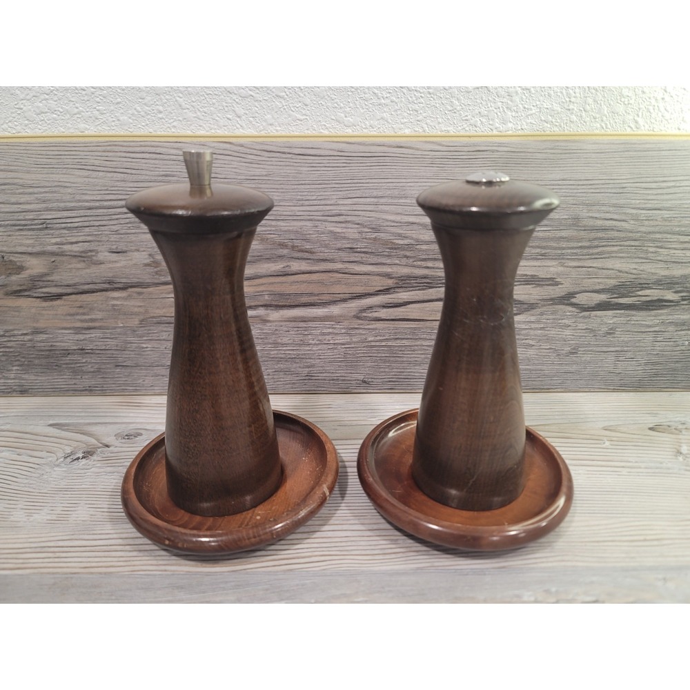 Salt shaker & Pepper grinder wood with bases. made for the broadway. Dark wood